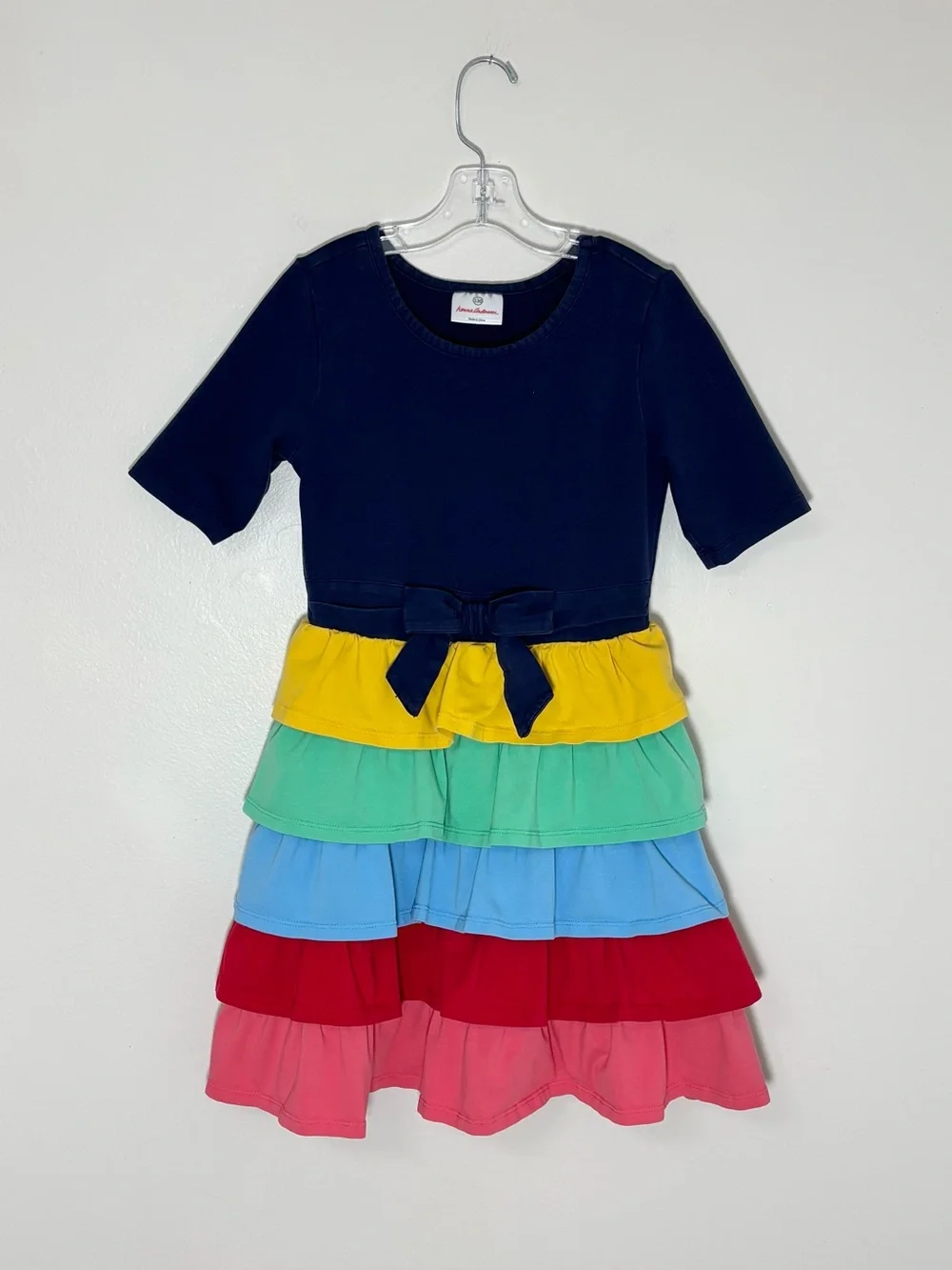 Hanna Andersson 130 Tiered Rainbow Dress Size 8 Navy Bow Short Sleeved